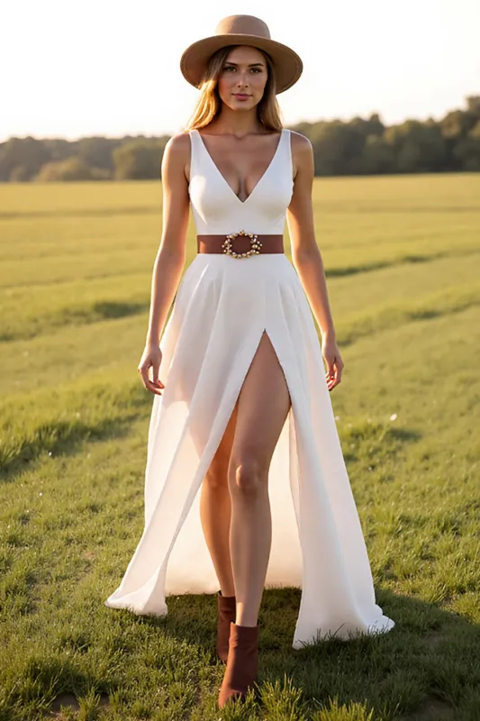 V Neck A Line White Boho Wedding Dress With Slit sold by Wedtrend