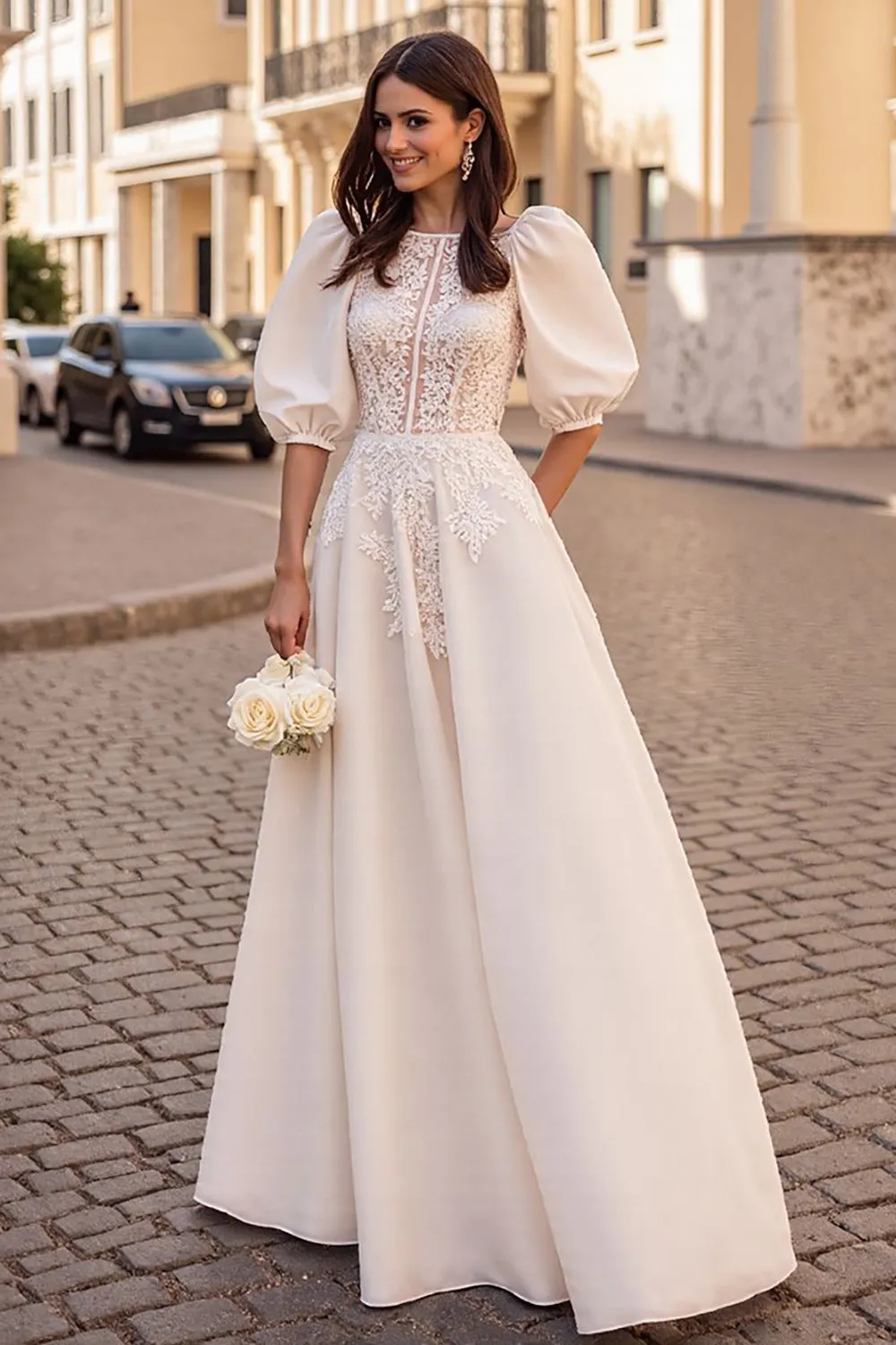 Appliqued Ivory A Line Wedding Dress With Puff Sleeves sold by Wedtrend
