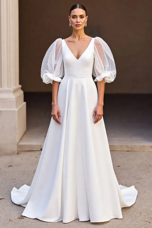 Ivory A Line V-Neck Wedding Dress With Puff Sleeves sold by Wedtrend