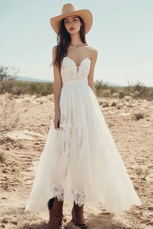 Strapless Lace A Line Ivory Boho Wedding Dress made by Wedtrend