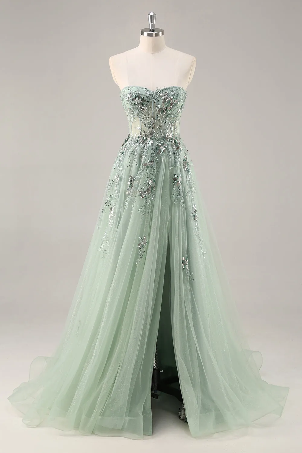 Green Strapless A Line Sequins Tulle Corset Prom Dress With Slit sold by Wedtrend