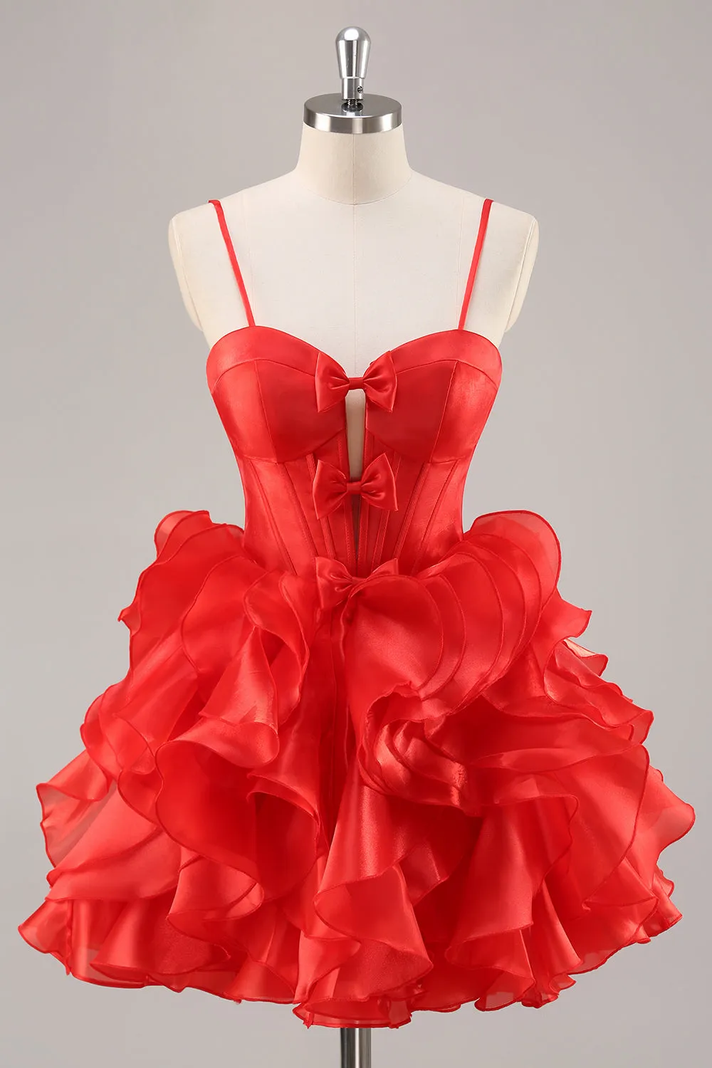 Red A Line Corset Keyhole Ruffle Short Homecoming Dress With Bows sold by Wedtrend
