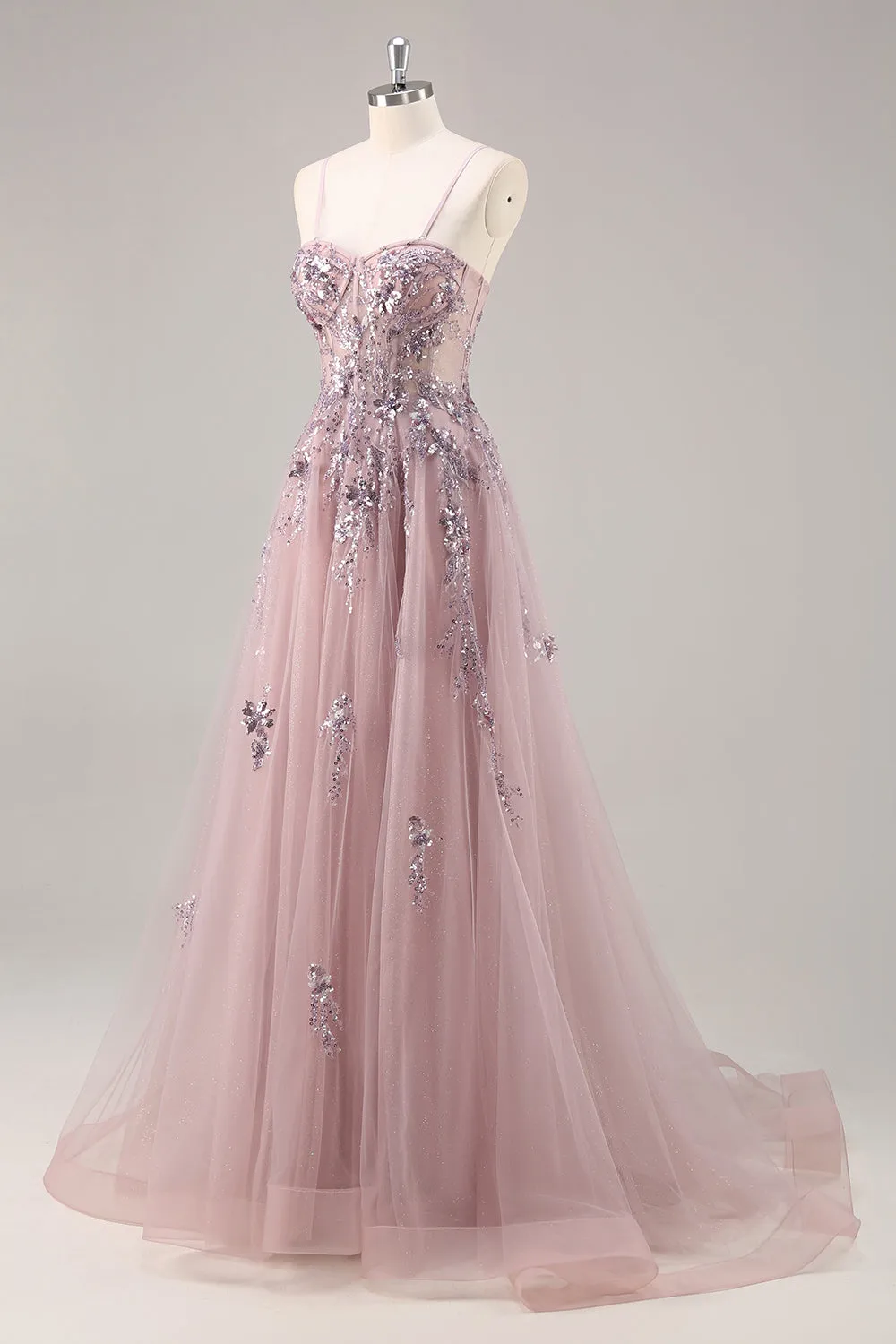 Grey Pink A Line Spaghetti Straps Sequins Tulle Corset Long Prom Dress With Slit sold by Wedtrend product image thumbnail 3