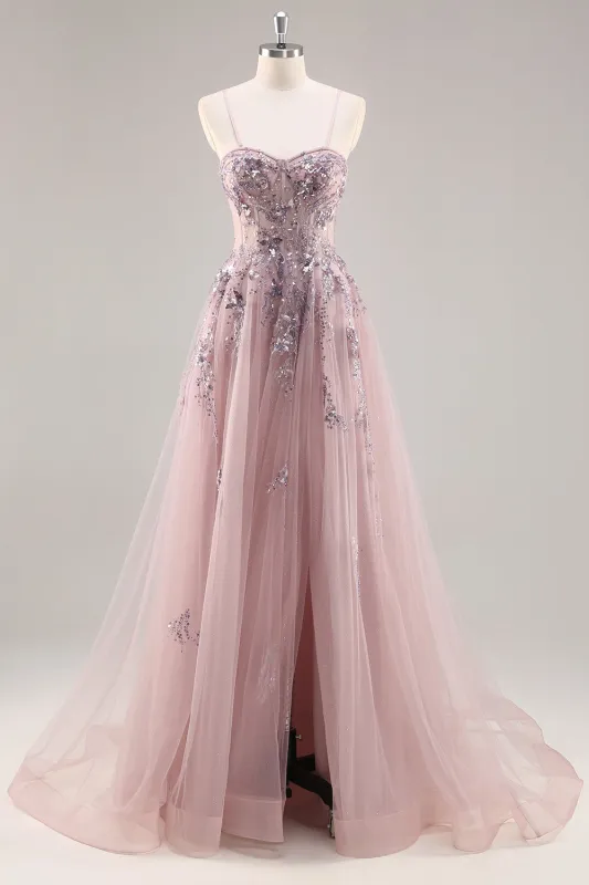 Grey Pink A Line Spaghetti Straps Sequins Tulle Corset Long Prom Dress With Slit made by Wedtrend