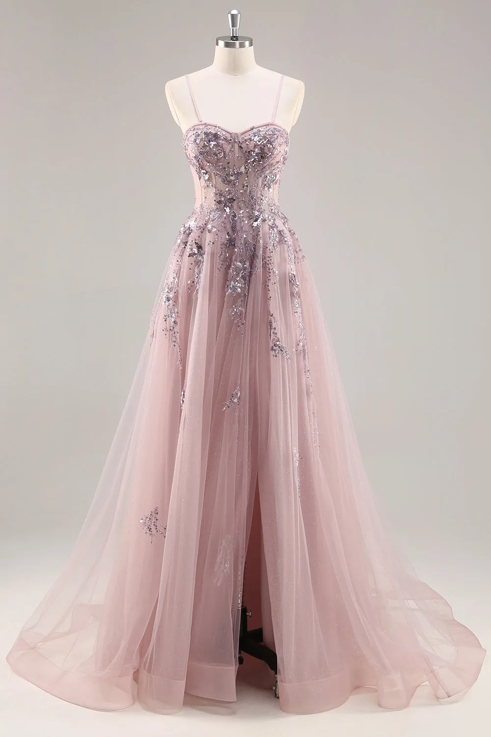 Grey Pink A Line Spaghetti Straps Sequins Tulle Corset Long Prom Dress With Slit sold by Wedtrend