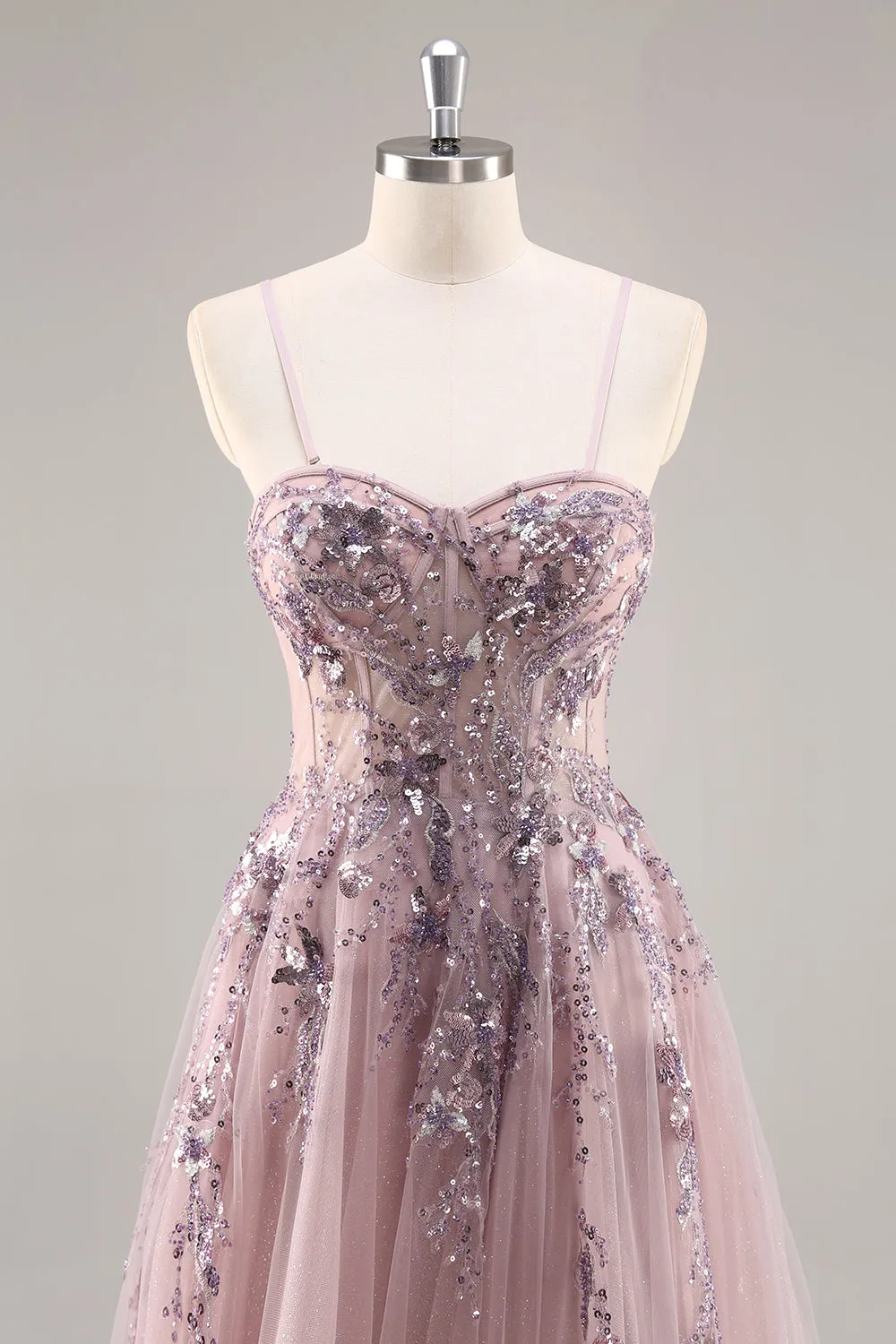 Grey Pink A Line Spaghetti Straps Sequins Tulle Corset Long Prom Dress With Slit sold by Wedtrend product image thumbnail 5