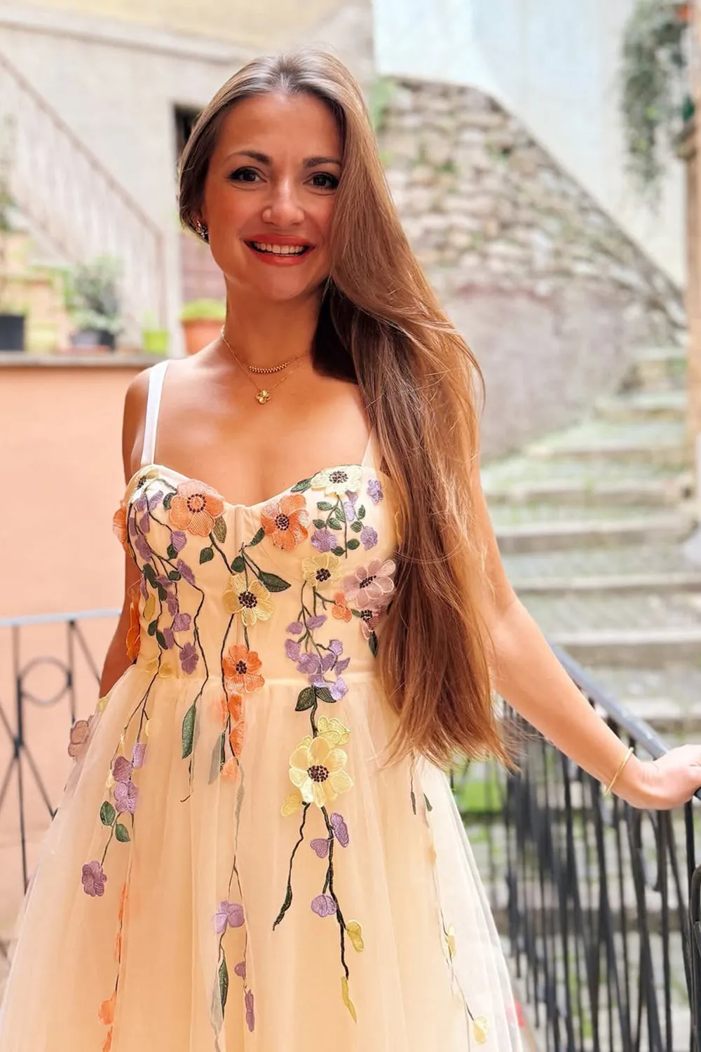 Champagne A-Line Spaghetti Straps Midi Prom Dress with Appliques sold by Wedtrend product image thumbnail 3