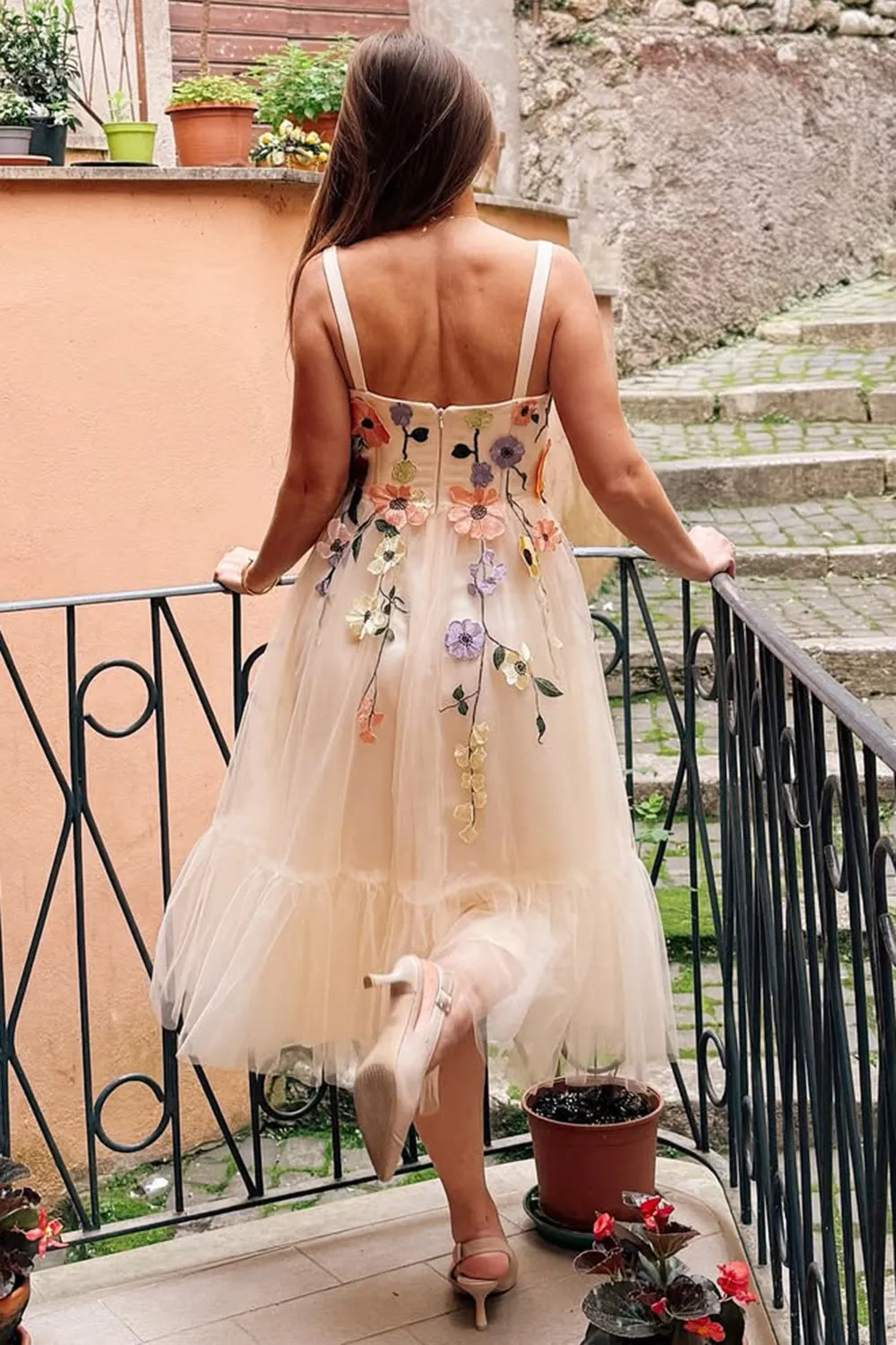 Champagne A-Line Spaghetti Straps Midi Prom Dress with Appliques sold by Wedtrend product image thumbnail 2