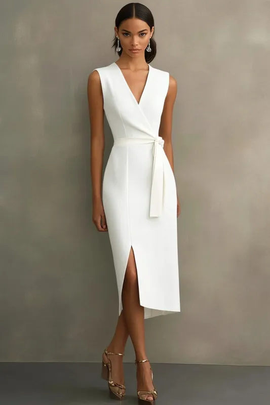 White Satin V-Neck Work Dress with Belt sold by Wedtrend