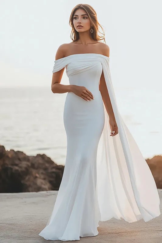 White Mermaid Off the Shoulder Wedding Dress With Side Streamer made by Wedtrend