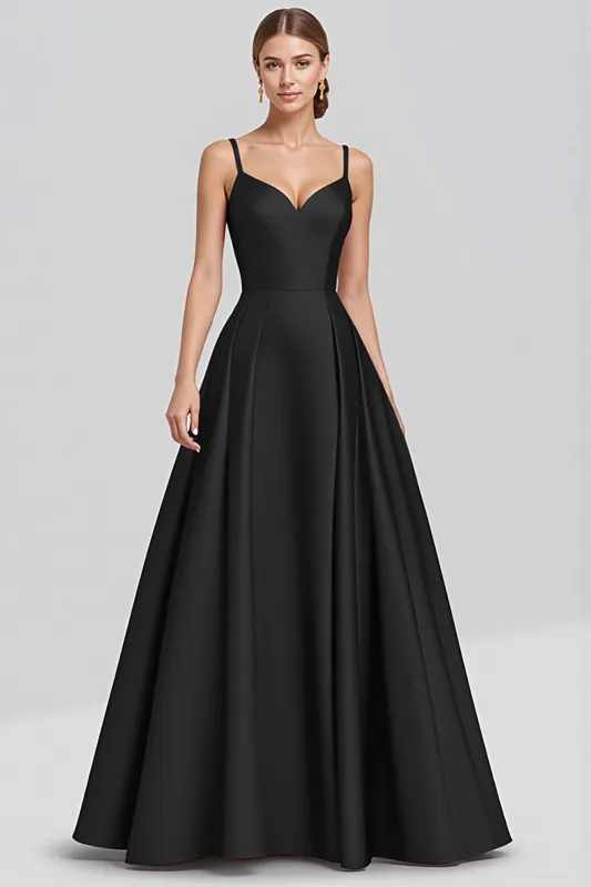 Spaghetti Straps Satin A Line Long Black Formal Dress made by Wedtrend