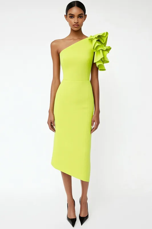 Lemon Yellow One Shoulder Sheath Midi Formal Dress made by Wedtrend