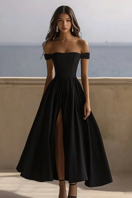 Simple Off The Shoulder A Line Long Black Tie Dress With Slit sold by Wedtrend