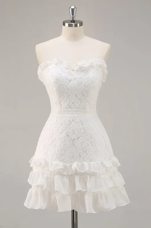 White Tiered A Line Strapless Lace Graduation Dress sold by Wedtrend