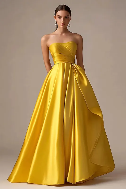 Yellow Strapless Satin A Line Long Formal Dress made by Wedtrend