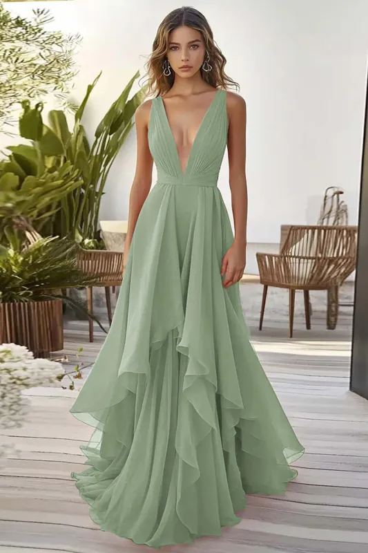 Dusty Sage V Neck A Line Long Formal Dress With Ruffles made by Wedtrend