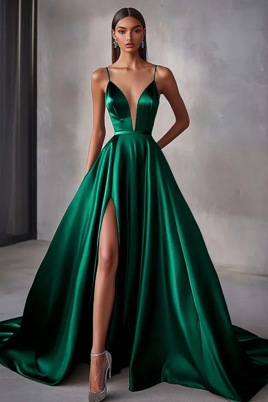 Dark Green Spaghetti Straps Satin A Line Formal Dress With Slit sold by Wedtrend