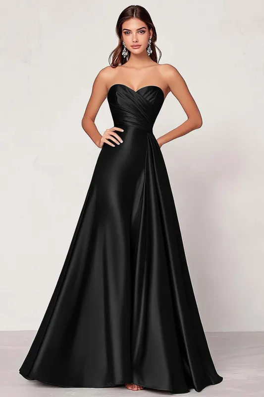 Black Strapless Satin Ruched A Line Long Formal Dress sold by Wedtrend