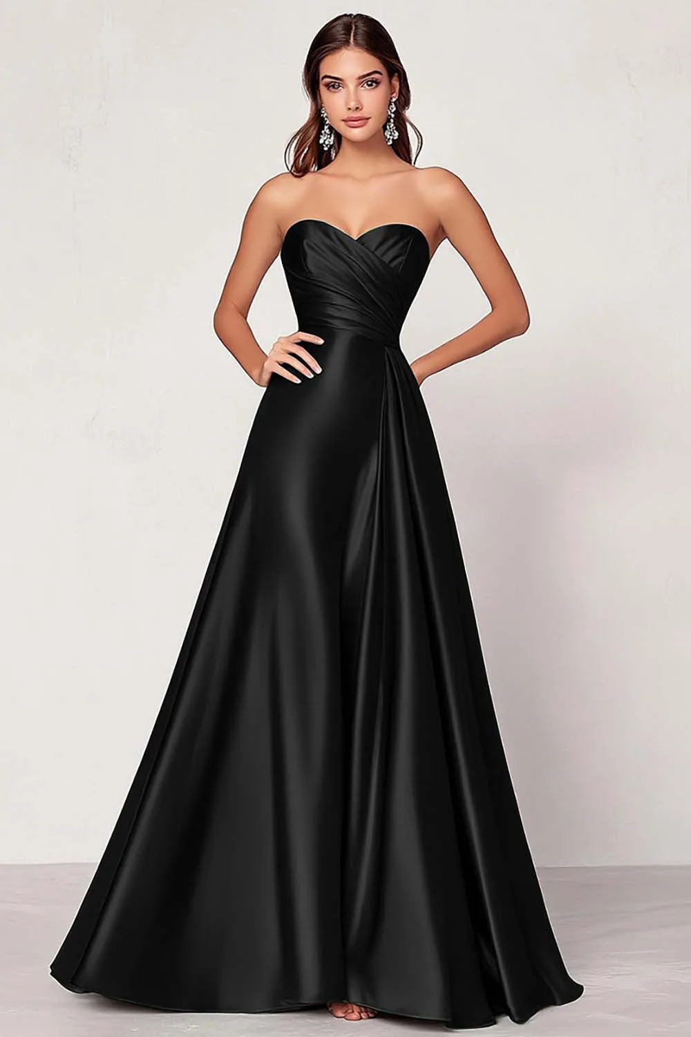 Black Strapless Satin Ruched A Line Long Formal Dress sold by Wedtrend