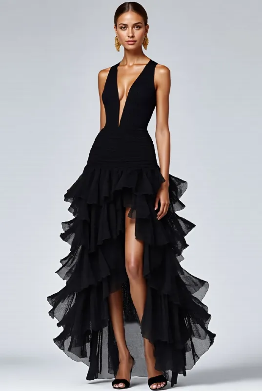 Black V Neck Ruffled A Line Formal Dress With Slit made by Wedtrend