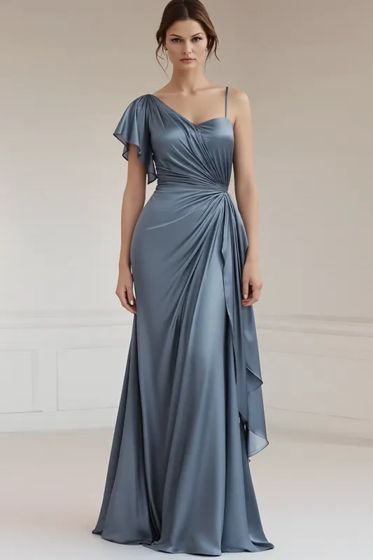 Grey Blue Satin Mermaid Ruched Formal Dress With Side Streamer made by Wedtrend