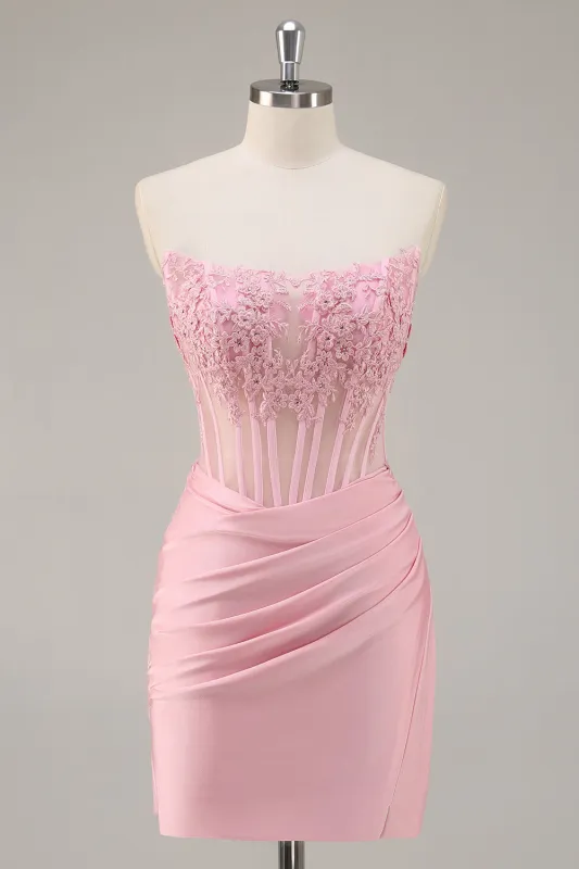 Strapless Corset Ruched Sequins Pink Short Tight Homecoming Dress sold by Wedtrend