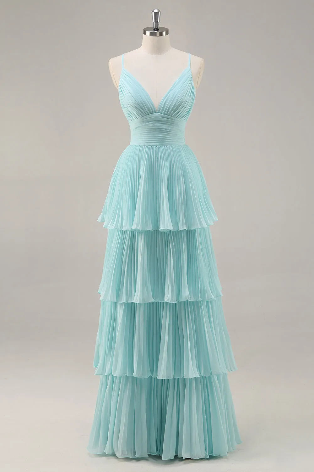 A-Line Spaghetti Straps Pleated Tiered Floor Length Chiffon Bridesmaid Dress sold by Wedtrend