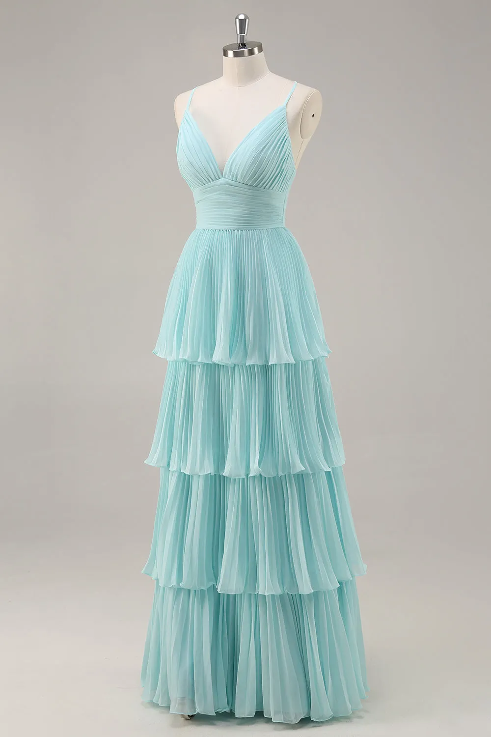 A-Line Spaghetti Straps Pleated Tiered Floor Length Chiffon Bridesmaid Dress sold by Wedtrend product image thumbnail 3