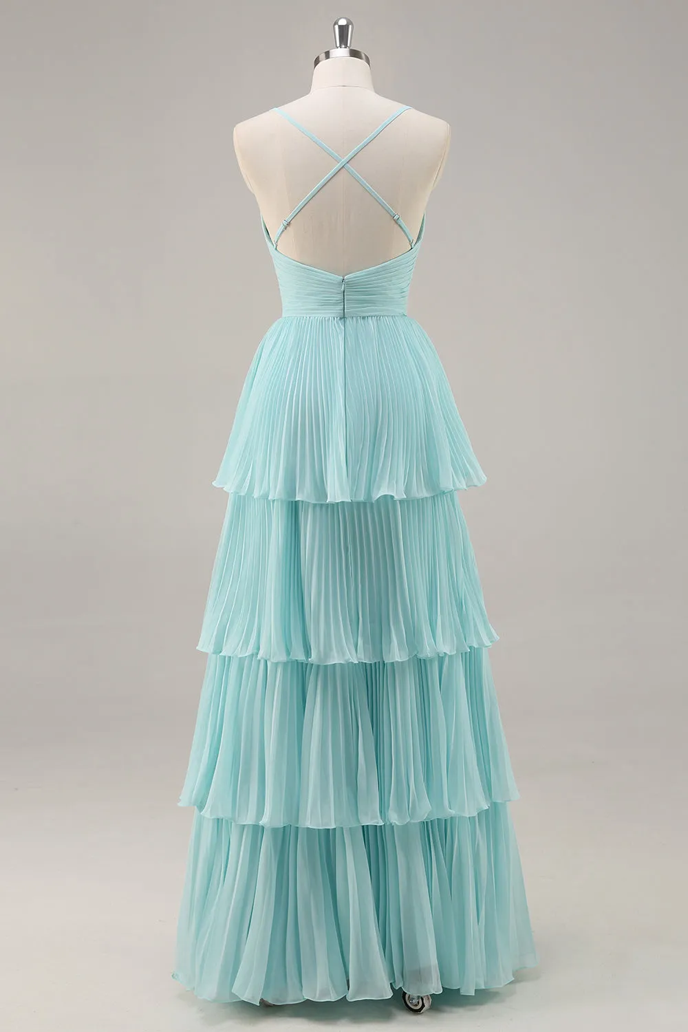 A-Line Spaghetti Straps Pleated Tiered Floor Length Chiffon Bridesmaid Dress sold by Wedtrend product image thumbnail 2