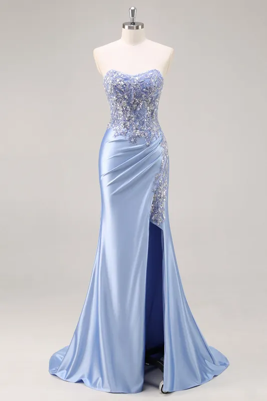 Blue Mermaid Strapless Sequins Beaded Long Satin Prom Dress with Slit sold by Wedtrend