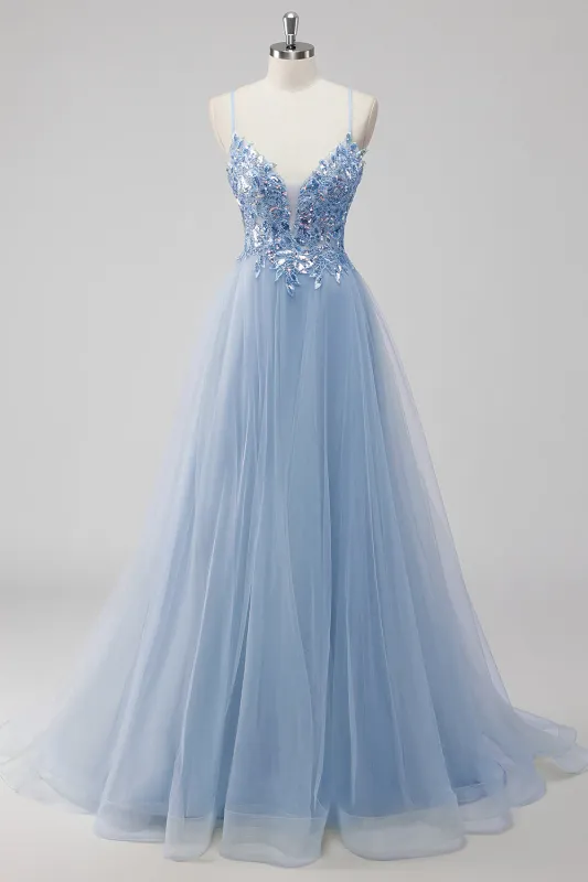 Lavender A Line Spaghetti Straps Sequins Tulle Prom Dress made by Wedtrend