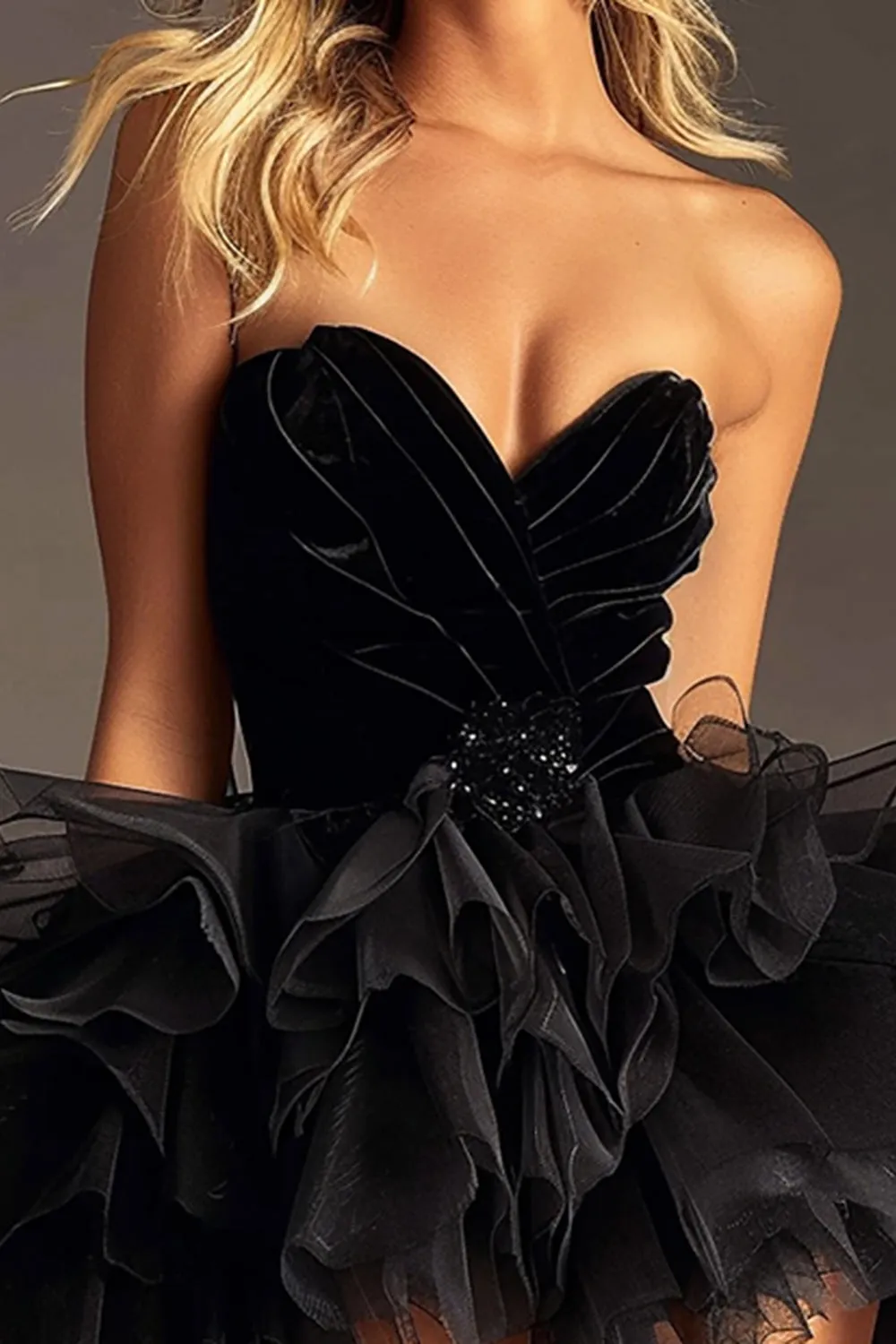 Black Tulle Strapless A Line Mini Homecoming Dress With Ruffles sold by Wedtrend product image thumbnail 2