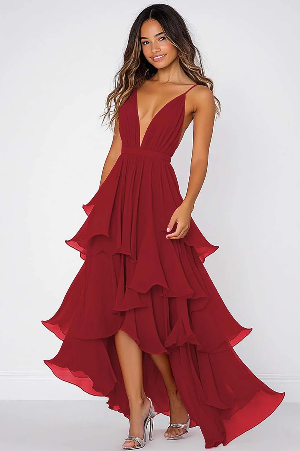Red A Line Spaghetti Straps Tiered High Low Formal Dress sold by Wedtrend product image thumbnail 4