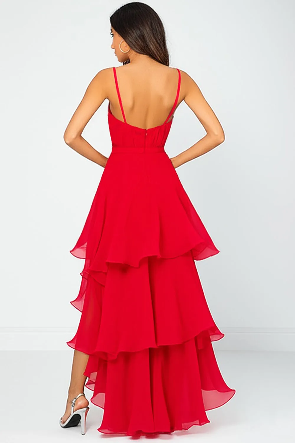 Red A Line Spaghetti Straps Tiered High Low Formal Dress sold by Wedtrend product image thumbnail 2