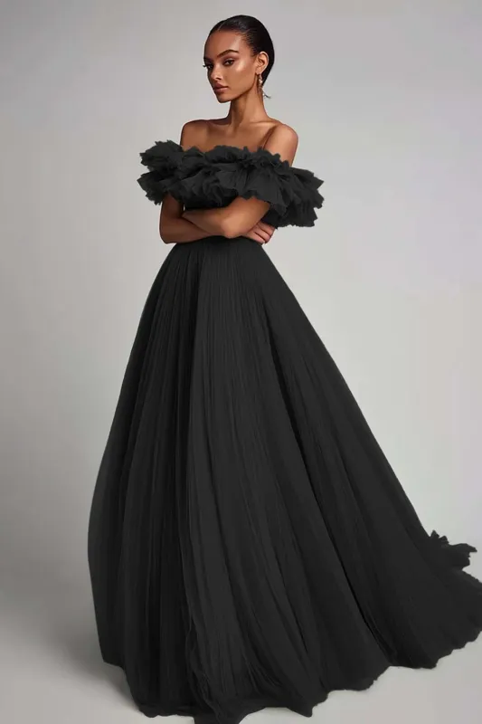 Black Off The Shoulder A Line Formal Dress With Ruffles sold by Wedtrend