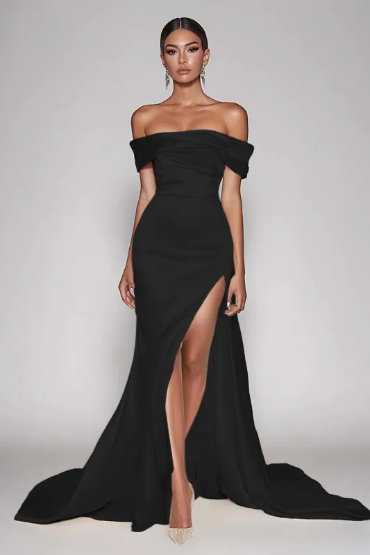 Black Off The Shoulder Mermaid Formal Dress With Slit made by Wedtrend