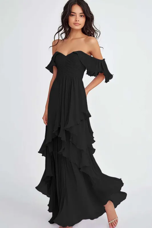 Off The Shoulder Black A Line Formal Dress With Ruffles sold by Wedtrend
