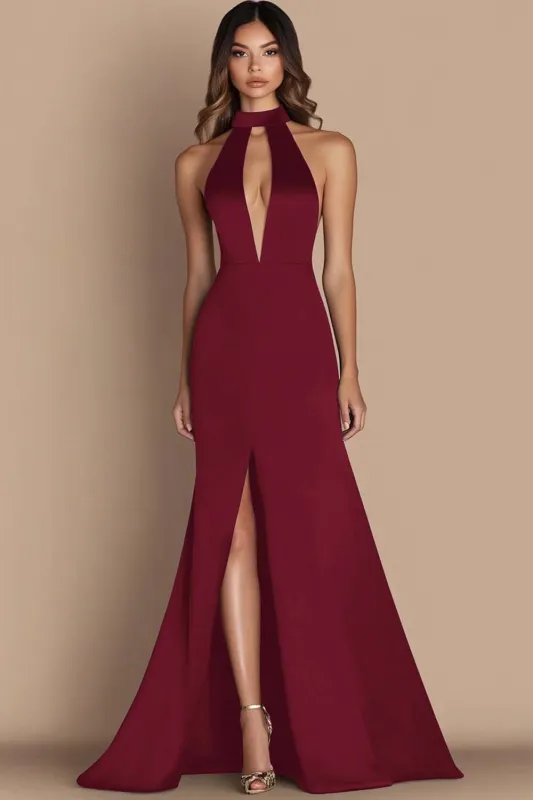 Burgundy Halter Keyhole Mermaid Long Formal Dress With Slit sold by Wedtrend