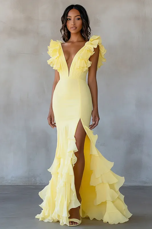 Daffodil Mermaid V Neck Ruffle Long Formal Dress With Slit made by Wedtrend