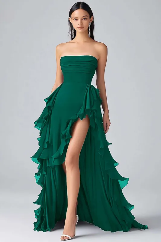Dark Green Strapless A Line Ruffled Long Formal Dress With Slit made by Wedtrend