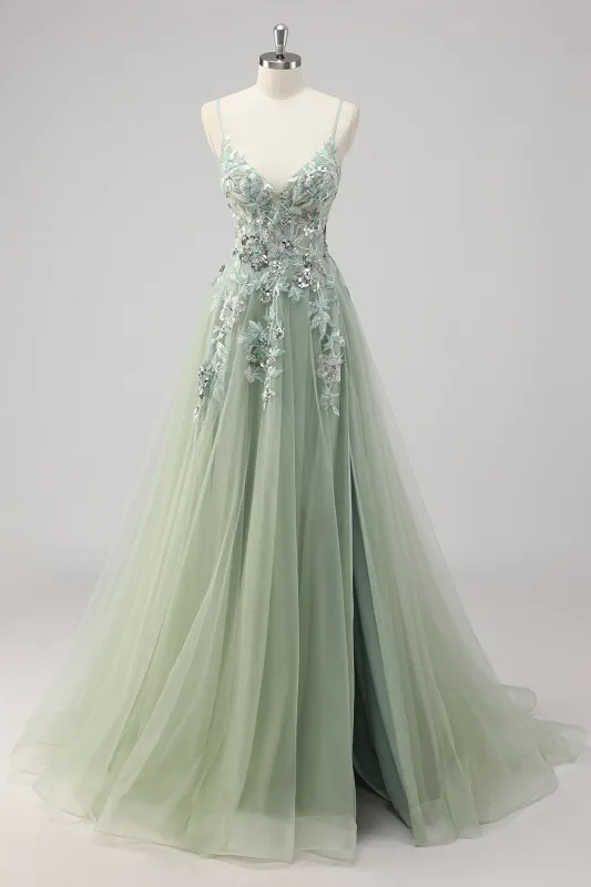 Green Tulle A Line Sequins Appliqued Long Prom Dress With Slit made by Wedtrend