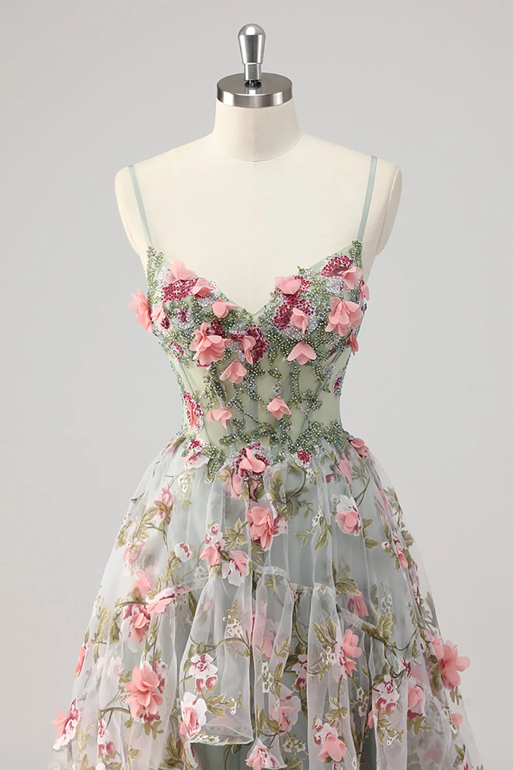 Grey Green A Line Beaded Corset Prom Dress with 3D Flowers sold by Wedtrend product image thumbnail 4