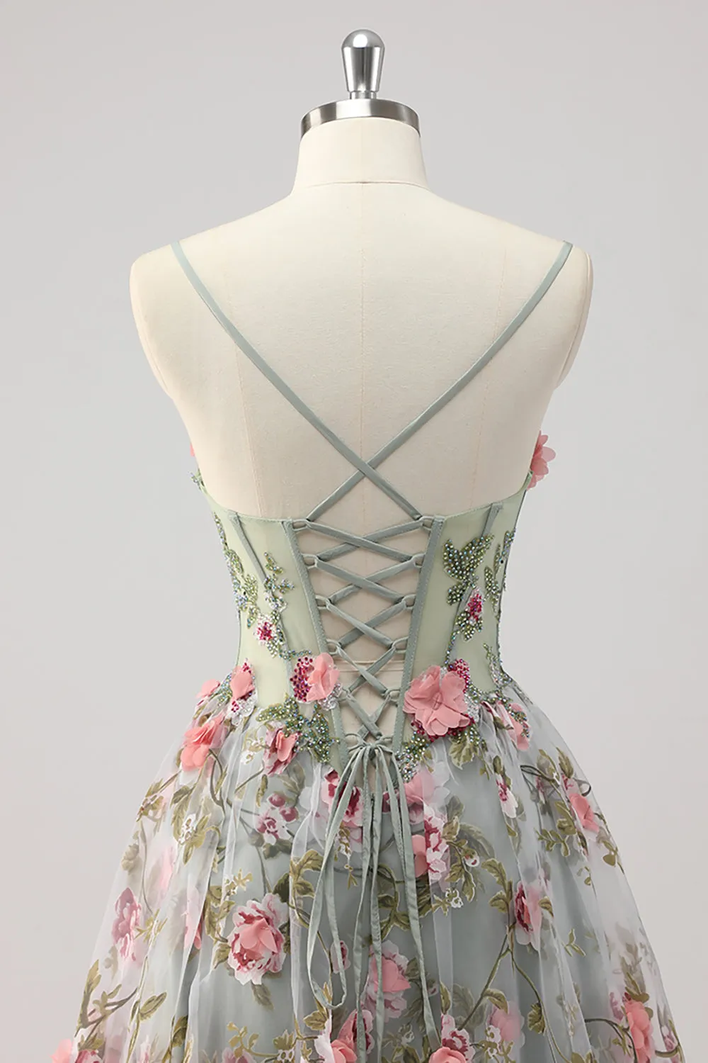 Grey Green A Line Beaded Corset Prom Dress with 3D Flowers sold by Wedtrend product image thumbnail 5