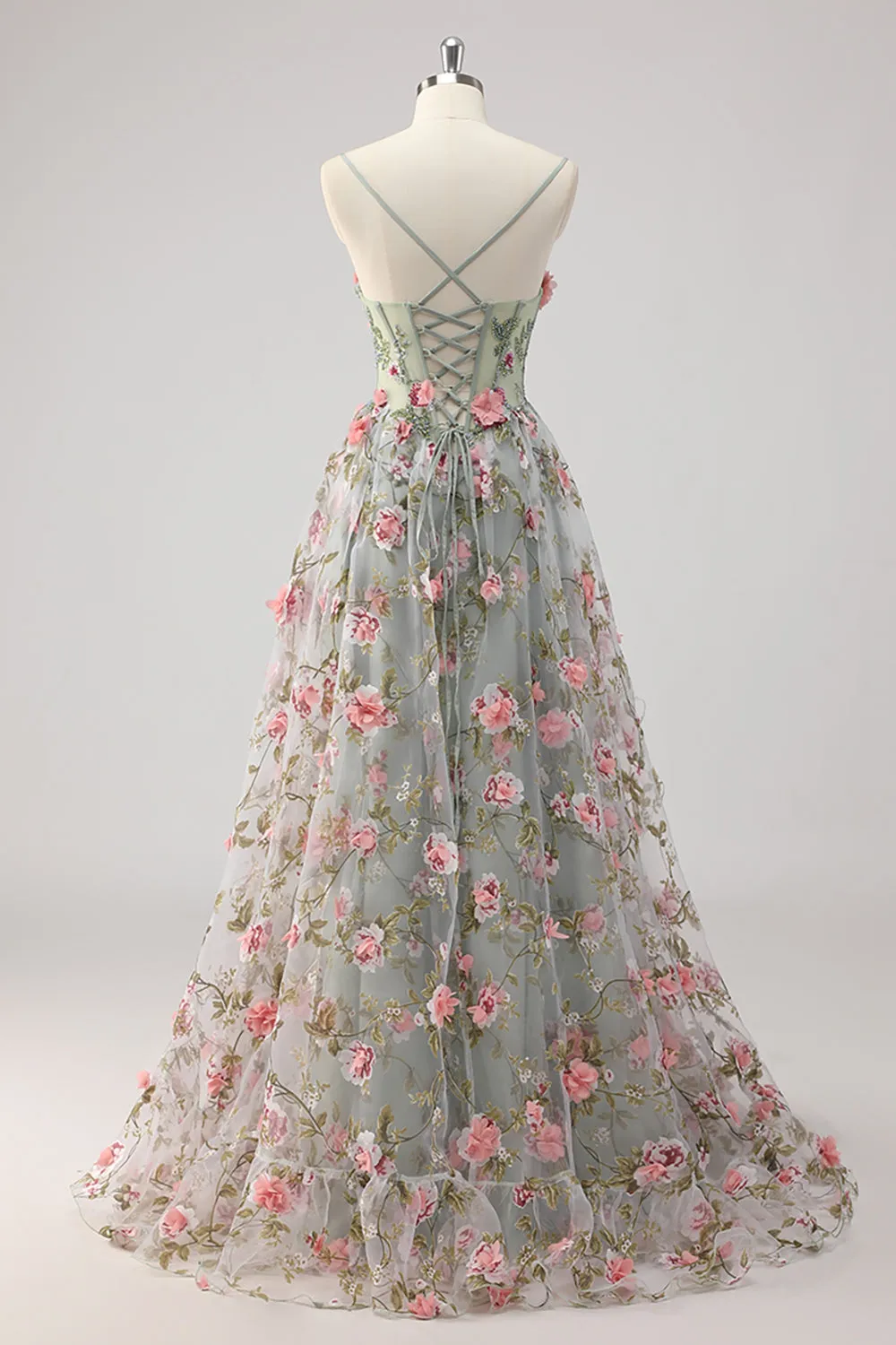 Grey Green A Line Beaded Corset Prom Dress with 3D Flowers sold by Wedtrend product image thumbnail 2