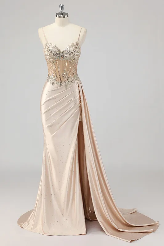Champagne Mermaid Sequins Side Streamer Corset Prom Dress With Slit made by Wedtrend