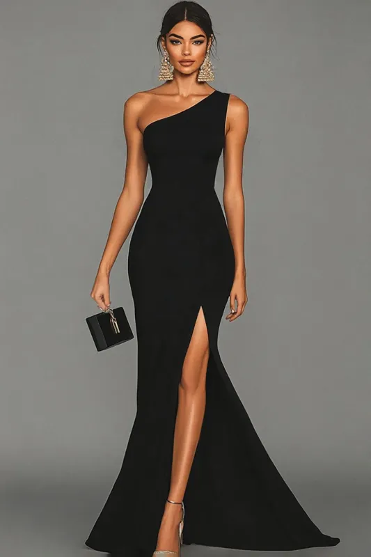 Black Mermaid One Shoulder Long Formal Dress with Slit sold by Wedtrend