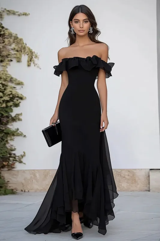 Mermaid Asymmetrical Off The Shoulder Black Tie Dress With Ruffles sold by Wedtrend