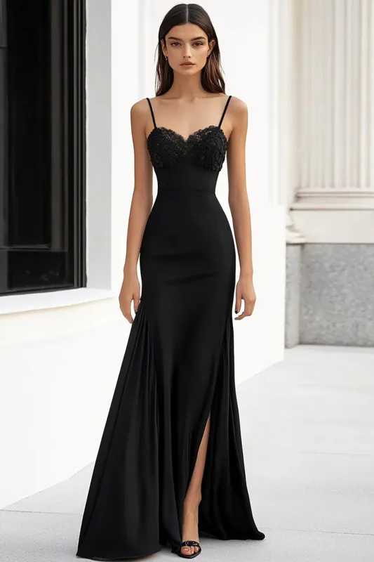 Mermaid Spaghetti Straps Simple Long Black Tie Dress With Slit made by Wedtrend