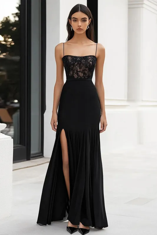 Spaghetti Straps Simple A Line Long Black Tie Dress With Slit made by Wedtrend