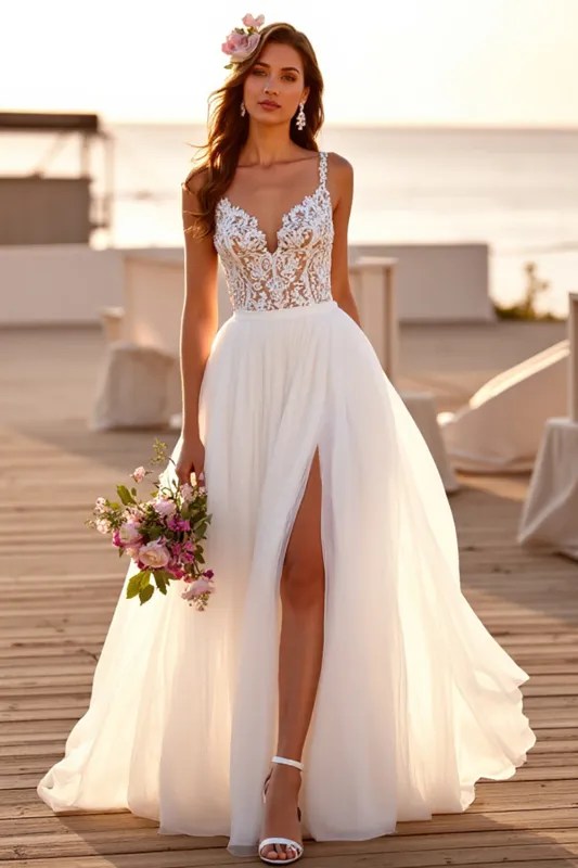White Spaghetti Straps Tulle A Line Long Wedding Dress With Slit made by Wedtrend